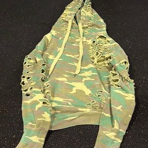 NSF camo cropped ripped up hoodie worn Once
